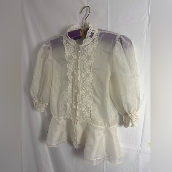 American Vintage Tops - VTG Ivory Sheer Lace Pearl Button Puff Sleeve Victorian Blouse Size S/M